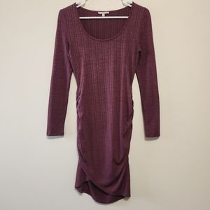 CR Wine Ribbed Ruched Bodycon Long Sleeve Mini Dress